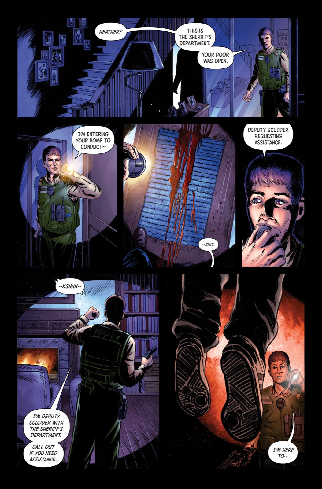 Preview page from The Estranged #1 showing Deputy Scudder investigating Heather’s home.