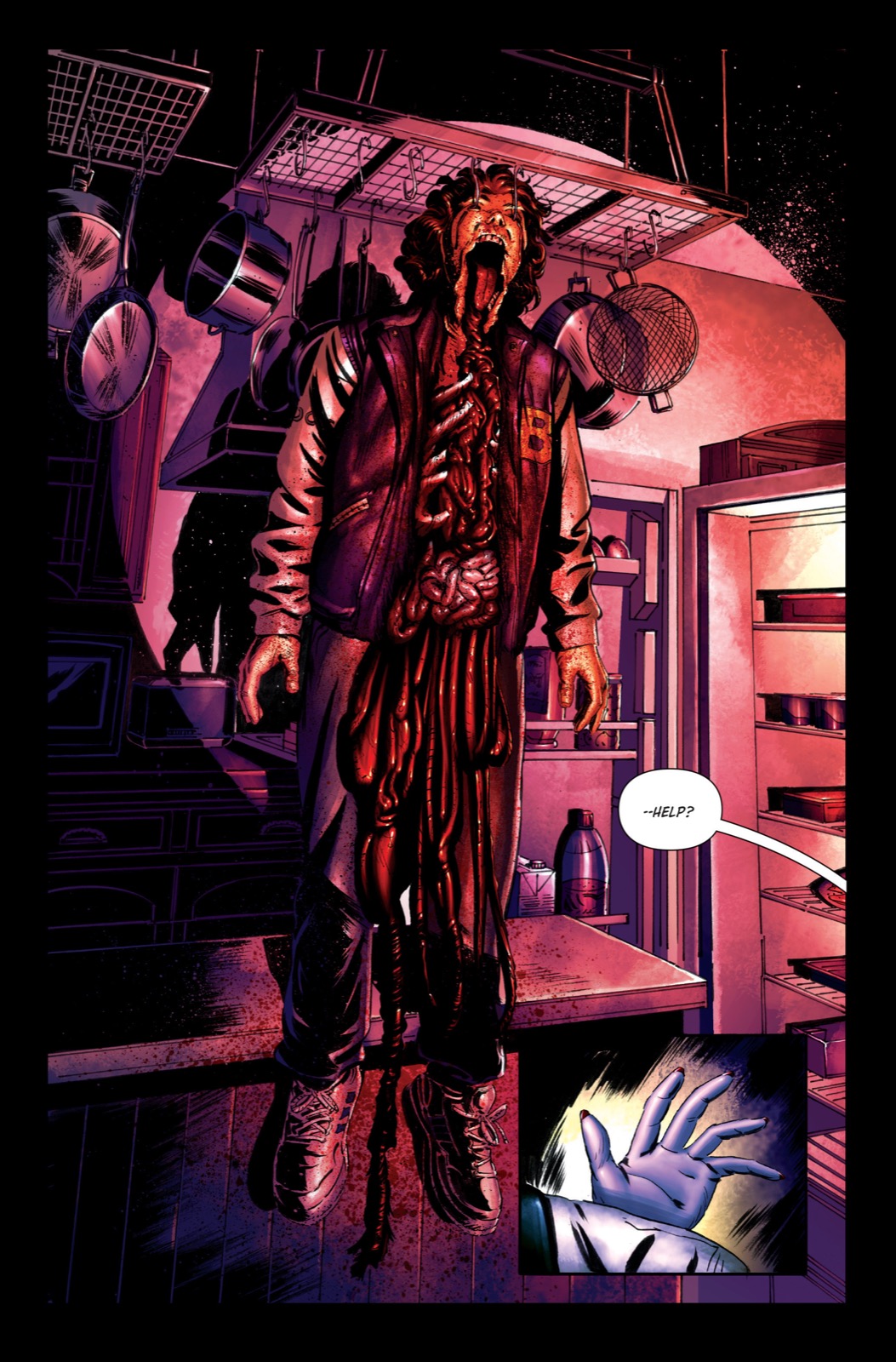 Horror preview page from The Estranged #1 featuring a hanging, mutilated figure.