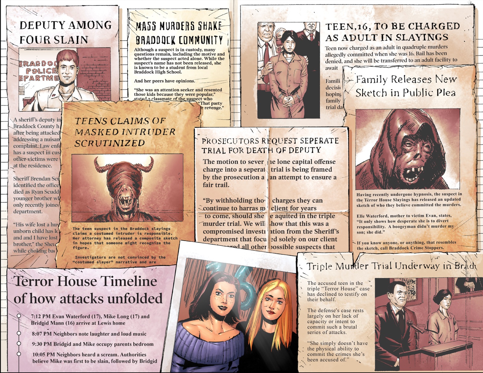 Newspaper-style preview spread from The Estranged #1 about the Braddock murders.