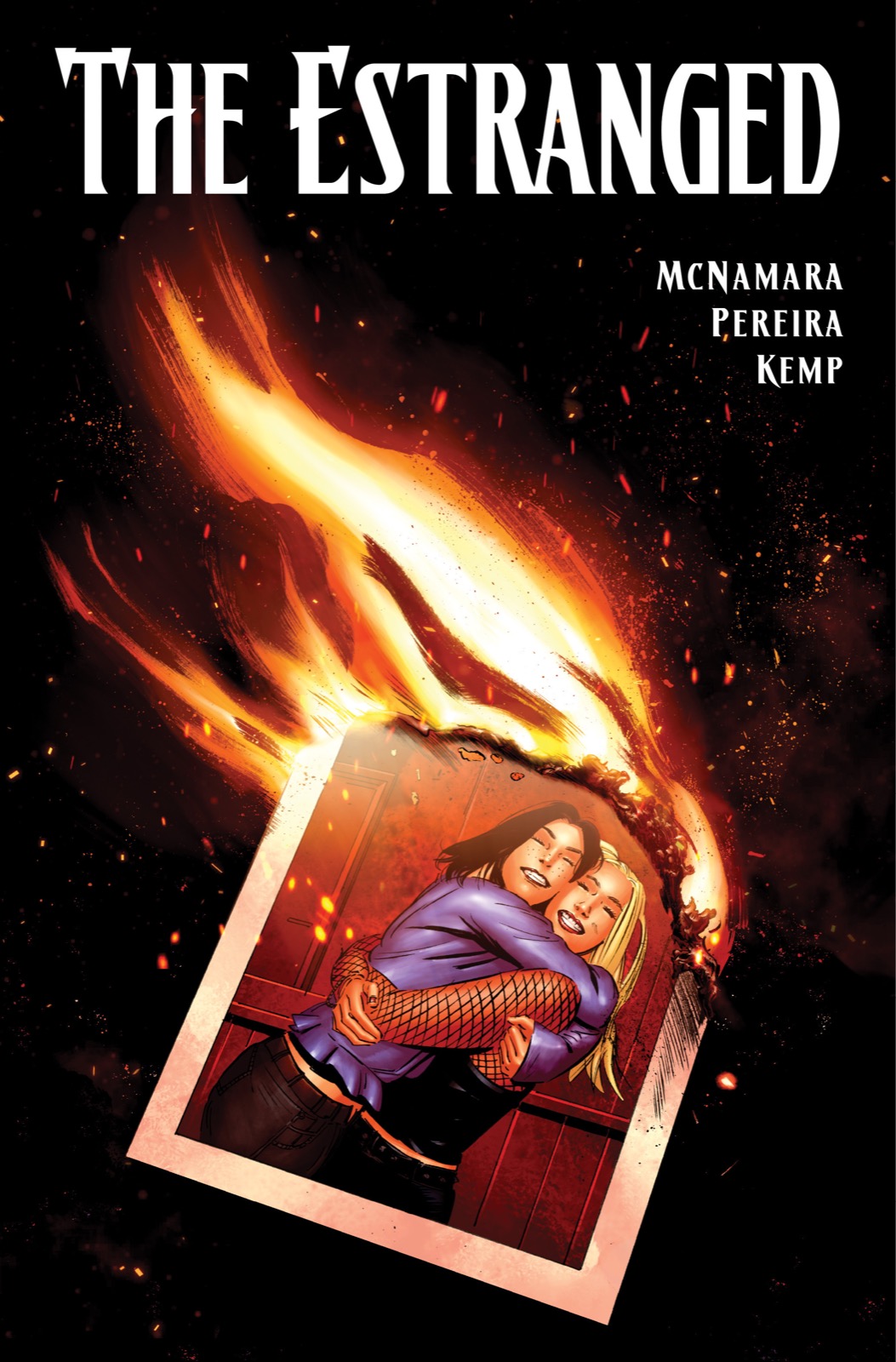 The Estranged #1 cover showing a burning photograph of two women embracing.